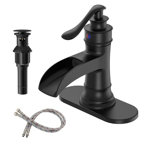 BWE Brass Matte Black Waterfall Bathroom Faucet for Farmhouse & Classic | Wide Waterfall Spout, Ceramic Cartridge, Fits 1 or 3-Hole Sink, Single Handle, Handware Included, Easy Install - color: Black