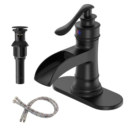 BWE Brass Matte Black Waterfall Bathroom Faucet for Farmhouse & Classic | Wide Waterfall Spout, Ceramic Cartridge, Fits 1 or 3-Hole Sink, Single Handle, Handware Included, Easy Install - color: Black