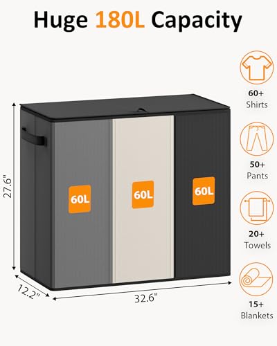 Optish 180L Laundry Hamper 3 Section, Large Laundry Hamper with Lid, Dirty Clothes Hampers with 3 Inner Bags, Laundry Basket Organizer for Laundry, Bedroom, Bathroom, Hamper 3 Compartment - color: Black & White & Grey