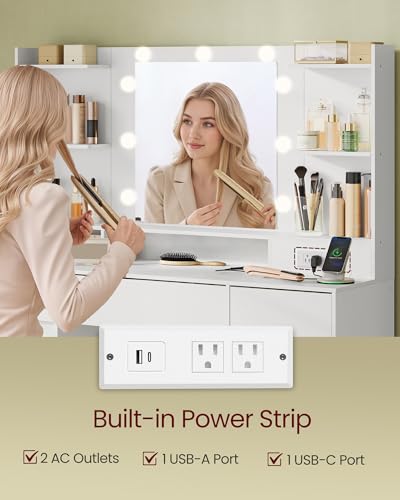 VASAGLE KAILYN Collection - Vanity Desk with Mirror and 9 LED Bulbs, Modern Vanity Makeup Table with Power Outlets, Dressing Table with 2 Cabinets, for Bedroom, Cloud White URDT142WB01S - style: 43.3"W 3 Drawers 2 Cabinets Vanity Desk - Cloud White