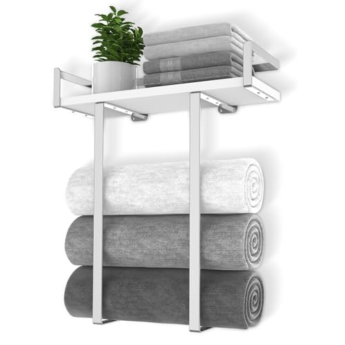 Towel Rack Wall Mounted, Xstydes Metal Towel Holder with Wooden Shelf for Folding Large Towels, Towel Storage for Small Bathroom Organizer Decor or RV Camping, Silver - color: Silver, size: Small