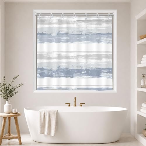 Abstract Blue Short Small Modern White Gray Bathroom Shower Curtain Set | 40Wx36H Striped Geometric design, waterproof HD print with fast-drying fabric and 12 hooks. - color: A1-blue Grey, size: 40"W x 36"L (Pack of 1)