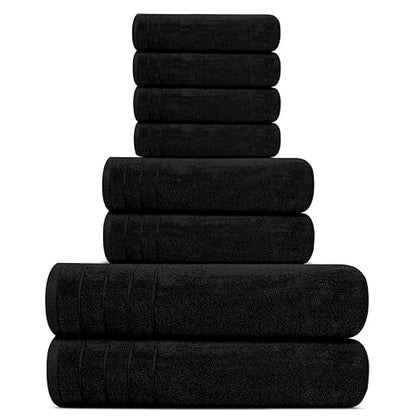 8 Piece Towel Set, 2 XL Bath, 2 Hand, 4 Washcloth, Black | 100% Cotton, Lighter Weight, Quicker to Dry, Super Absorbent, Perfect for Bathroom - color: Black