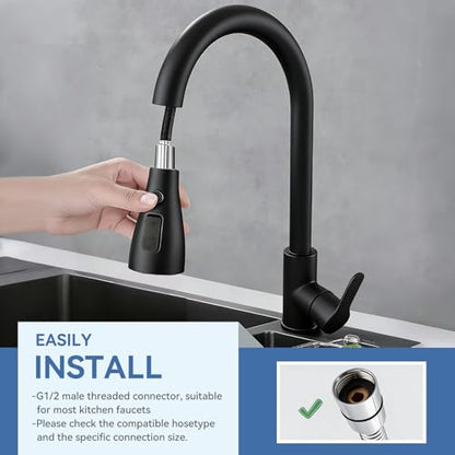 Kitchen Faucet Head Replacement with 3 Modes, Pull Down Spray Head for Kitchen Faucet, Kitchen Sink Sprayer Replacement Compatible with Moen, American Standard, Kohler Faucets - color: Matte Black