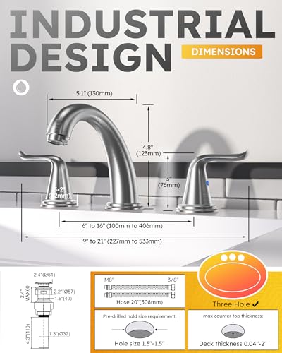 WOWOW Widespread Bathroom Faucet 2 Handle 3 Hole Solid Brass Stainless Steel Vanity Lavatory Bathroom Basin Brushed Nickel Sink Faucets with Pop Up Drain Stopper - color: Brushed Nickel