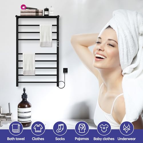 Heated Towel Racks for Bathroom, 11Bar Electric Towel Warmer Rack with Shelf & 2 Hooks, Wall-Mounted Time Setting and Temperature Control Heated Drying Rack for Home, Salon, Spa (Black - color: Black