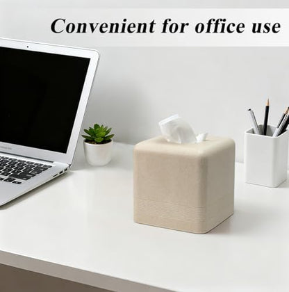 Resin Tissue Box Cover, Modern Square Holder, Beige | Resin tissue box cover with modern square design and silicone feet for bathroom vanity, office desk, and living room - color: Beige