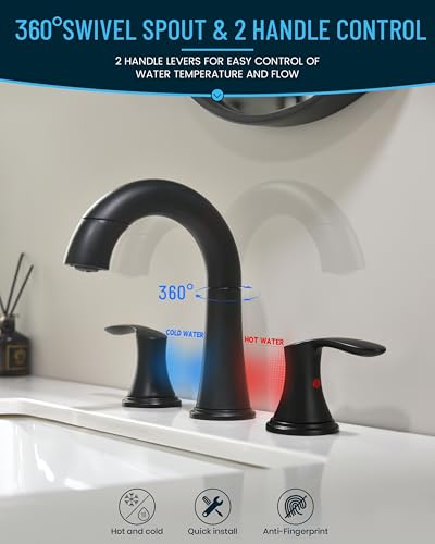 Bathroom Faucet Matte Black 8 Inch Certerset 3 Hole 2 Handles Faucet, BF-106B, 14 Inch Pull Down Out Sprayer Washing Pet & Cleaning, 360 Swivel Spout Widespread Coverage Vanity - color: Matte Black