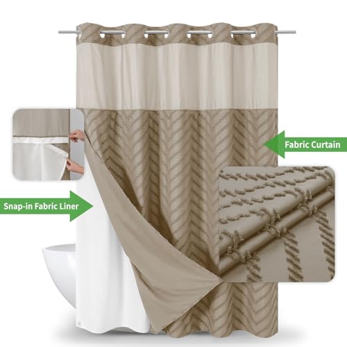 eachope No Hook Boho Farmhouse Shower Curtain with Snap-in Fabric Liner set-71Wx74H(72H),Beige Tufted Chevron Striped Hotel Grade Cloth Shower Curtains for Bathroom with Window,Water Repellent - color: Beige, size: 71"W x 74"L (Pack of 1)