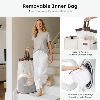 SOLEDI 180L Double Laundry Hamper with Lid and 2 Side Pockets, Dual Hamper | 2 Section Laundry Basket, Removable & Washable Laundry Bags, 180L Large Capacity, for Bedroom, Bathroom, Laundry Room, Dorm - color: Beige