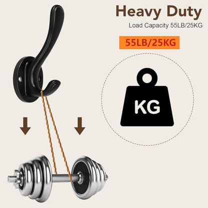 4-Pack Black Wall Hooks, Heavy Duty Metal Double Towel Hooks | Aluminum Alloy, Rust Resistant, 15 Lb Capacity, Wall Mounted, For Bathroom, Entryway, Closet Or Kitchen