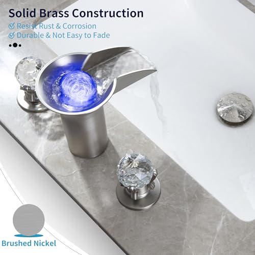 SKOWLL Bathroom Sink Faucet Waterfall, Modern Free Floating Crystal Ball with LED Light, 2 Handle Deck Mount 8 inch Widespread Bathroom Faucet 3 Hole, Brushed Nickel - color: Brushed Nickel