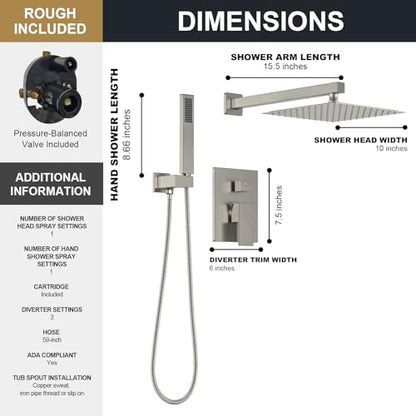 Lava Odoro Modern 2-Setting Square Shower System with Rain Shower Head and Handheld Spray Brushed Nickel, Rainfall Shower Faucet Set Brushed Nickel, Shower Valve and Trim Kit, SF103-BN - color: Brushed Nickel, style: Without Tub Spout