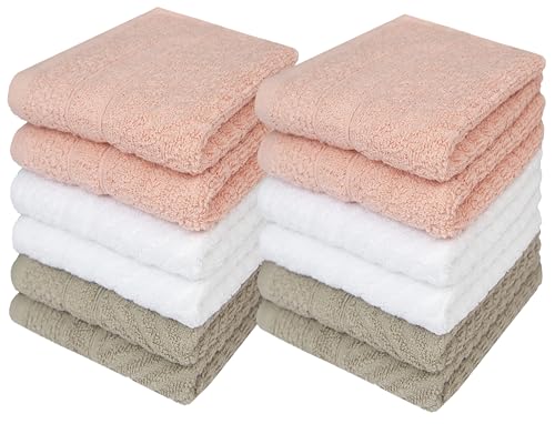 PH Pleasant Home Diagonal Wash Cloths Set - 12 Pack (12” x 12”) – 509 GSM - 100% Ring Spun Cotton Wash Cloth - Super Soft and Highly Absorbent Face Towels (Blush,White & Tan) - color: Blush, White & Tan, style: Diagonal