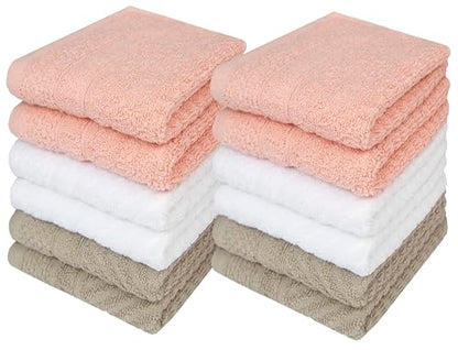 PH Pleasant Home Diagonal Wash Cloths Set - 12 Pack (12” x 12”) – 509 GSM - 100% Ring Spun Cotton Wash Cloth - Super Soft and Highly Absorbent Face Towels (Blush,White & Tan) - color: Blush, White & Tan, style: Diagonal