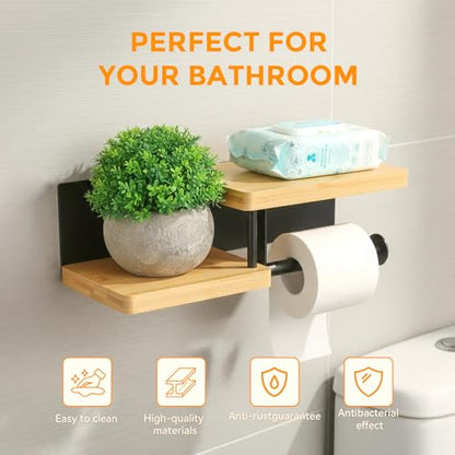 Toilet Paper Holder with Shelf, Wall Mount Toilet Paper Roll Holder with Wooden Shelf & Matte Black Stainless Steel Pipe, Bathroom Organizer for Roll Tissue, Phone, Wipes, Plant for Bathroom, Washroom
