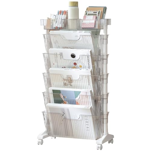 5 Tier Rolling Book Cart Multi-Functional Movable Storage Bookshelves | rolling bookshelf,Movable Storage Bookshelves with Lockable Wheels for Study Office Library Classroom, - color: Transparent White