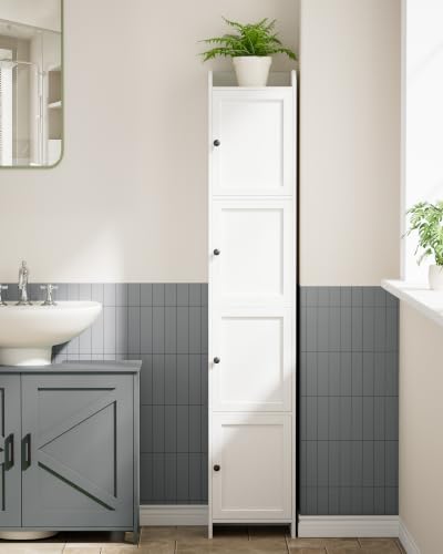 Slim Bathroom Storage Cabinet, Reversible Door Installation | Tall Narrow Storage Cabinet with Door and Shelves, Easy Assembly, 9.8 x 11.8 x 63.4 Inches, for Small Spaces, White