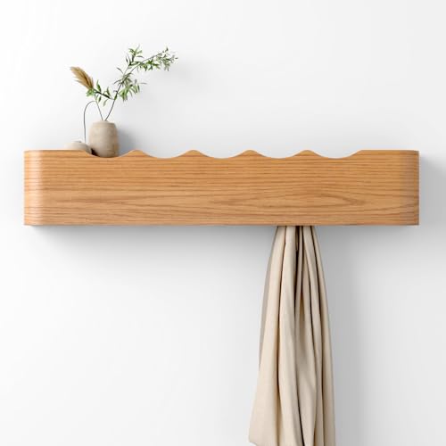Coat Rack Wall Mount with Hidden Hooks, Wall Hooks with Shelf, Wall Key Holder Mount Wooden Shelf Entryway Hooks for Bedroom Bathroom for Hanging Coats Hats Bags Towels (Oak Wave-Shape, 5 Hooks) - color: Oak Wave-Shape, size: 5 Hooks