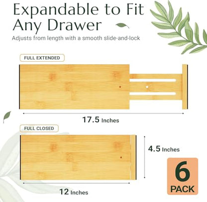 Adjustable Bamboo Drawer Dividers 6 Pack, Expandable Drawer Organizer for Kitchen, Bedroom, Bathroom and Dresser, Each Divider Expands from 12" to 17.5" Height 4.5 – Free Mat Included in Package.
