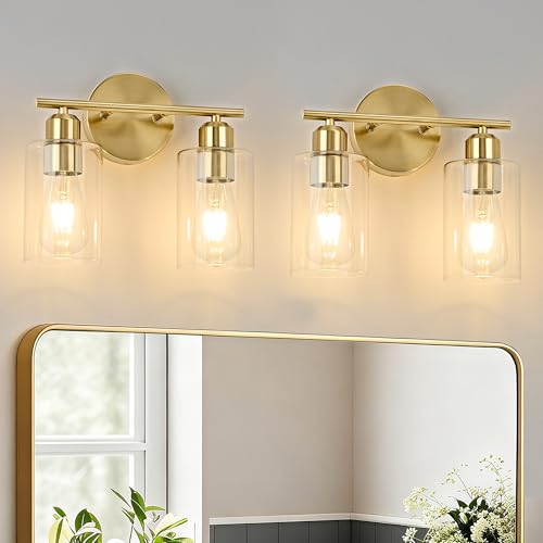 2Light Modern Vanity Lights - Gold, Clear Glass Shade, Wall Sconce for Bathroom & Bedroom, 2 Pack - color: Gold, size: 2 Light - 2 pack