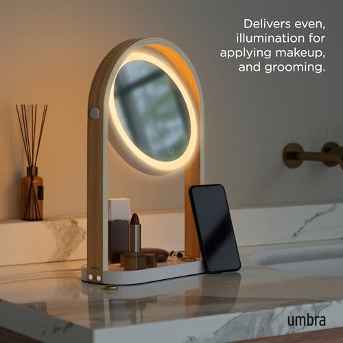 Umbra Bellwood Vanity Mirror, LED Double-Sided Magnifying, White/Natural | Glass frame, three light temperatures, touch sensor dimming, integrated storage tray, USB-C powered