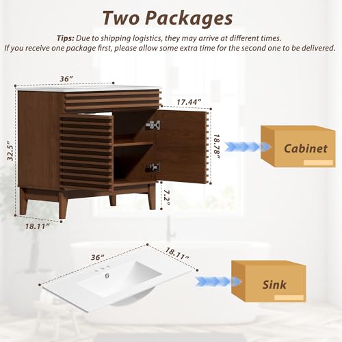 APRILSOUL 36" Bathroom Vanity with Ceramic Sink, Mid-Century Bathroom Vanity Cabinet with 2 Soft Closing Doors, Freestanding Bathroom Cabinet, Particleboard Frame with Wood Grain Laminate, Walnut - color: Walnut/ White Sink, size: 36 Inch