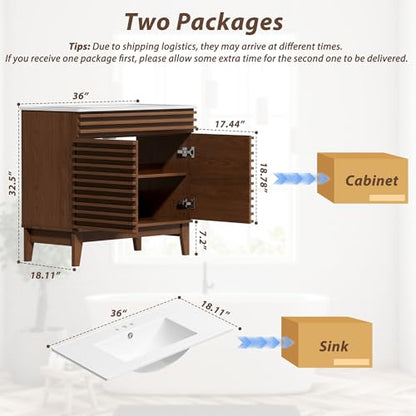 APRILSOUL 36" Bathroom Vanity with Ceramic Sink, Mid-Century Bathroom Vanity Cabinet with 2 Soft Closing Doors, Freestanding Bathroom Cabinet, Particleboard Frame with Wood Grain Laminate, Walnut - color: Walnut/ White Sink, size: 36 Inch