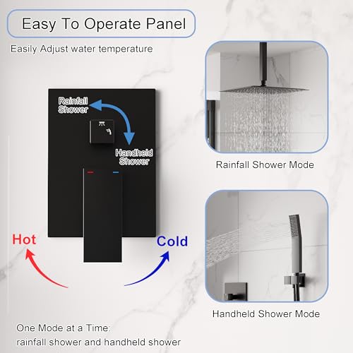 WELLFOR 12-In Ceiling Mount Shower System with Single Handle, Pressure-balanced Valve Included, Waterfall Dual Head Shower Head System, Rain Shower System, Shower Faucet Trim Kits, Matte Black - color: Matte Black, style: Ceiling Mount 12-Inch