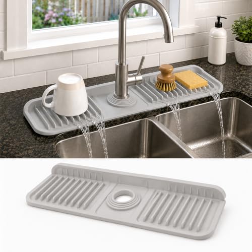 17" Silicone Faucet Handle Drip Catcher Tray,7° Sloped Self Draining Mat with Snap-on Design & Soap Holder, Sink Splash Guard for Kitchen & Bathroom, Trim-to-Fit Opening - color: Light Gray, size: 17" x 5.5"