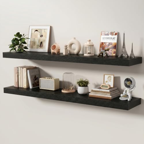 Floating Shelves for Wall, 55 Inch x 8 Inch Deep Wall Mounted Wood Shelf with Invisible Brackets for Storage & Display, Living Room Bedroom Kitchen, Black, Set of 2 - color: Black, size: 55 Inch, Set of 2