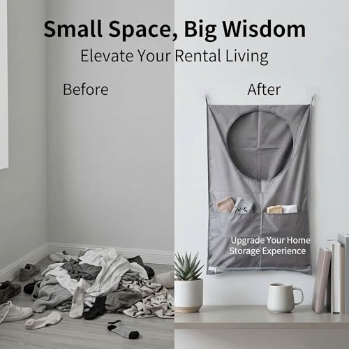 Hanging Laundry Bag, Over the Door Laundry Hamper with Door Hooks & Adhesive Hooks, Large Capacity Laundry Organizer with Bottom Zipper & 2 External Pockets for Bathroom, Dorm, RV, Small Space