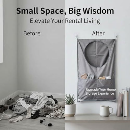 Hanging Laundry Bag, Over the Door Laundry Hamper with Door Hooks & Adhesive Hooks, Large Capacity Laundry Organizer with Bottom Zipper & 2 External Pockets for Bathroom, Dorm, RV, Small Space