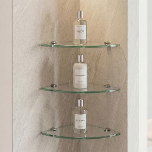 Kingrol 3 Pack Drill-Mounted Glass Corner Shower Shelves, 9-3/8 Inch | 3 Separate Shelves for True 90° Corners, 4 Brackets Per Shelf, Approx. 9.75-Inch Installed Corner Depth
