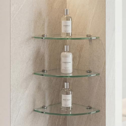Kingrol 3 Pack Drill-Mounted Glass Corner Shower Shelves, 9-3/8 Inch | 3 Separate Shelves for True 90° Corners, 4 Brackets Per Shelf, Approx. 9.75-Inch Installed Corner Depth