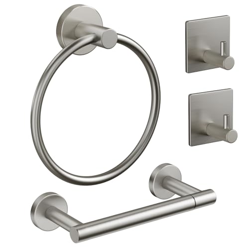 Pokim Brushed Nickel Bathroom Hardware Set - SUS304 Stainless Steel Toilet Paper Holder,Towel Ring and 2 Robe Hooks,Rustproof,Wall Mounted 4 Piece Bathroom Accessories,Easy Installation for Bathroom - color: Brushed Nickel