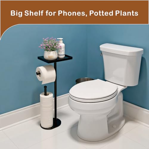 Free Standing Toilet Paper Holder Stand with Phone Shelf, Holds 5 Paper Rolls, Black Tissue Roll Holder for Bathroom, Sturdy Engough for Potted Plants
