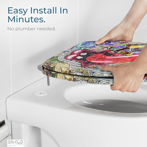 SANILO Wooden Toilet Seat with Soft Close [ROUND] - Decorative, Quiet & Slow Close Molded Wood Seat - With Strong Bumpers & Hinges - Adjustable Fit – Graffiti - color: Graffiti