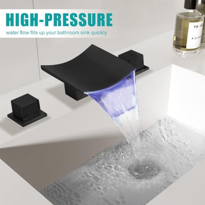 SKOWLL Bathroom Sink Faucet 3 Hole Black, Large Waterfall Spout with LED, Widespread Bathroom Faucets 3 Hole, Unique Look - color: Matte Black
