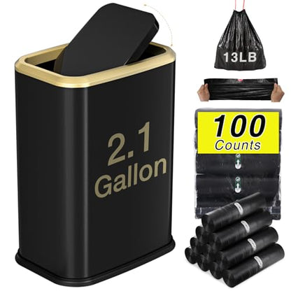 Bathroom Trash Can with Lid 8L/2.1 Gallon Black Trash Can Small Garbage Can with Swing Top Lid Slim Stainless Steel Garbage Can with 100 Counts Trash Bags for Bathroom Bedroom Kitchen Office Toilet - color: Black, size: Swing-Lid Trash Can