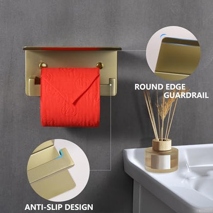 LANC Gold Toilet Paper Holder with Shelf, Toilet Paper Roll Holder with Phone Shelf for Bathroom Wall Mounted, 304 Stainless Steel Toilet Tissue Holder, Brushed Gold, A8367BG - color: Brushed Gold, size: Right