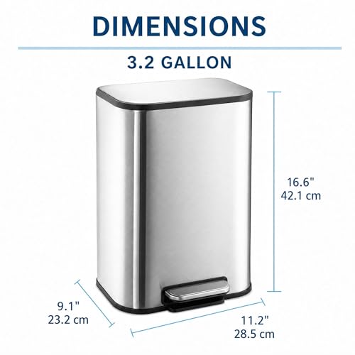 GarveeHome 3.2 Gal Stainless Steel Bathroom Trash Can with Lid, Silver | Rectangular Small Step Waste Bin, Hands-Free Foot Pedal, Removable Inner Bucket, Quiet Close, for Bedroom Restroom - color: Stainless Steel, size: 12 L