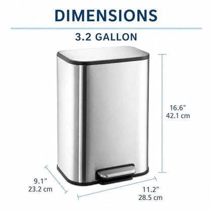 GarveeHome 3.2 Gal Stainless Steel Bathroom Trash Can with Lid, Silver | Rectangular Small Step Waste Bin, Hands-Free Foot Pedal, Removable Inner Bucket, Quiet Close, for Bedroom Restroom - color: Stainless Steel, size: 12 L
