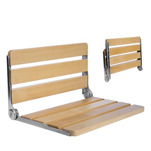 Wall Mounted Folding Shower Seat, 18 Inch Solid Wood Shower Bench with Upgraded Waterproof Coating, Heavy Duty 440 lbs Capacity for Seniors, Fold Down Shower Seat Easy Install ADA Compliant - size: 18 inches