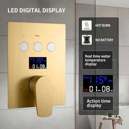 Bathroom Shower System Ceiling 14x20 Inch Shower Head, Spray With Handle, 6 PCS Body Jet And Handheld, Temperature Display Shower Faucet Set (Brushed Gold) - color: Brushed Gold