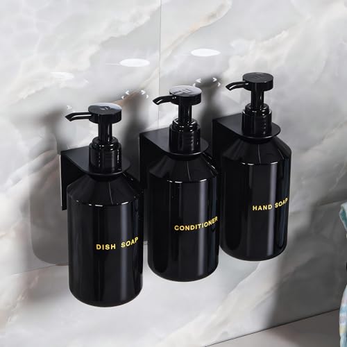 Wall Mounted Shampoo Dispenser for Shower, 3 Chamber 16.9 fl oz Each, 4CC Pump Soap Dispenser for Bathroom, Glossy Black Shampoo and Conditioner Dispenser with Crystal Labels (Black) - color: Black