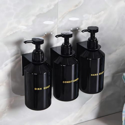Wall Mounted Shampoo Dispenser for Shower, 3 Chamber 16.9 fl oz Each, 4CC Pump Soap Dispenser for Bathroom, Glossy Black Shampoo and Conditioner Dispenser with Crystal Labels (Black) - color: Black