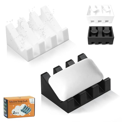 Silicone Soap Dish Self Draining with Suction Cups (Black-White) | Waterfall drainage design drains fast to keep soap dry silicone soap saver with reusable suction cups for bathroom & kitchen - color: Black-white, size: 2