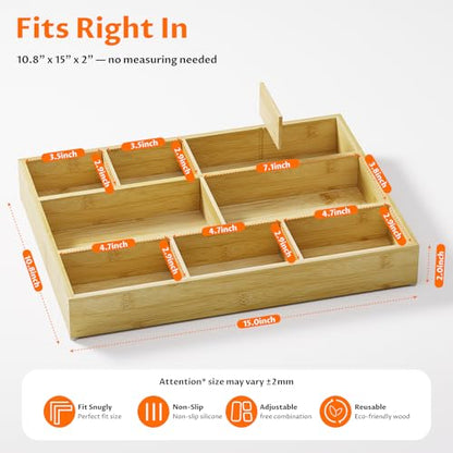 Bamboo Drawer Organizer with 9 Adjustable Compartments, Desk Storage Tray | Natural Bamboo, Flexible Modular Trays, Water-Resistant, Adjustable, Excellent Organization, Easy to Clean, Non-Slip Design - size: 9 Compartments