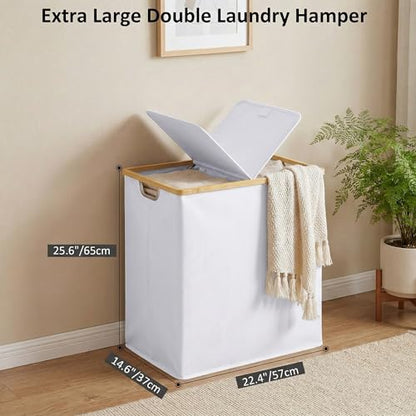 efluky Laundry Hamper with Lid, Double Laundry Basket with 2 Removable Bags, 2 Section Laundry Bin with Bamboo Handles for Bathroom, Bedroom & Laundry Room, 140L (36.9 Gallon) White - color: White, size: 140L Dual